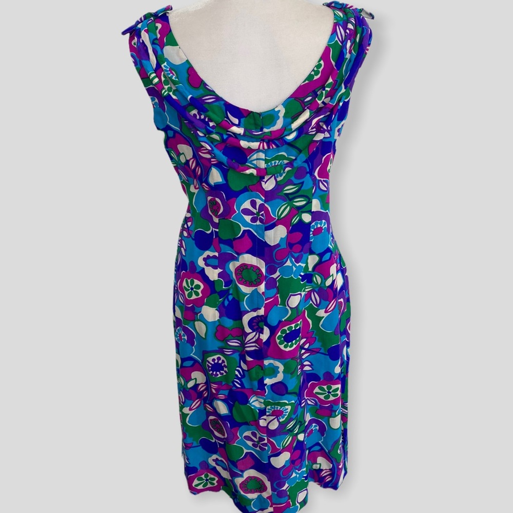 Vintage Blue Purple Green White Hawaiian Floral Print Dress with Bow Detail - Picture 3 of 8
